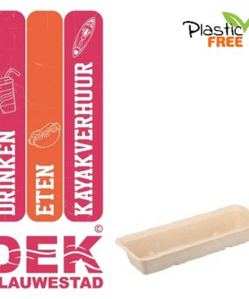 BIO Suikerriet Frikandelbakje A16 Bruin disposable rietsuiker frikandel wegwerp snackbakje EN13432 DEK Blauwestad Oldambt Groningen Nederland