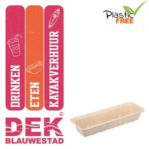 BIO Suikerriet Frikandelbakje A16 Bruin disposable rietsuiker frikandel wegwerp snackbakje EN13432 DEK Blauwestad Oldambt Groningen Nederland