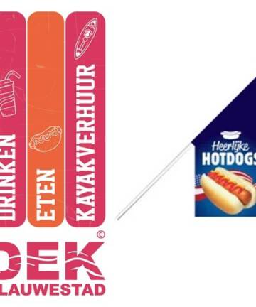 Hotdog Kioskvlag Presentatieproducten Verhuur bij beursmateriaal drukwerkreclame reclamemateriaal vlaggen banniers banners verhuur maken DEK Blauwestad Oldambt Groningen Nederland ontwerpen