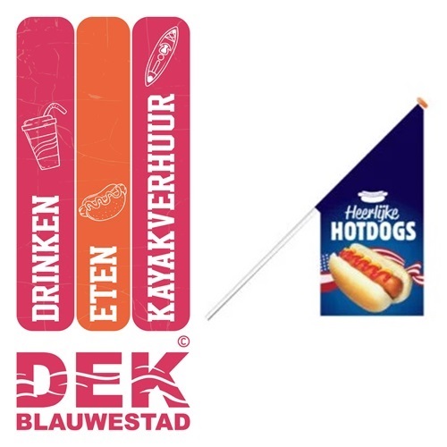 Hotdog Kioskvlag Presentatieproducten Verhuur bij beursmateriaal drukwerkreclame reclamemateriaal vlaggen banniers banners verhuur maken DEK Blauwestad Oldambt Groningen Nederland ontwerpen